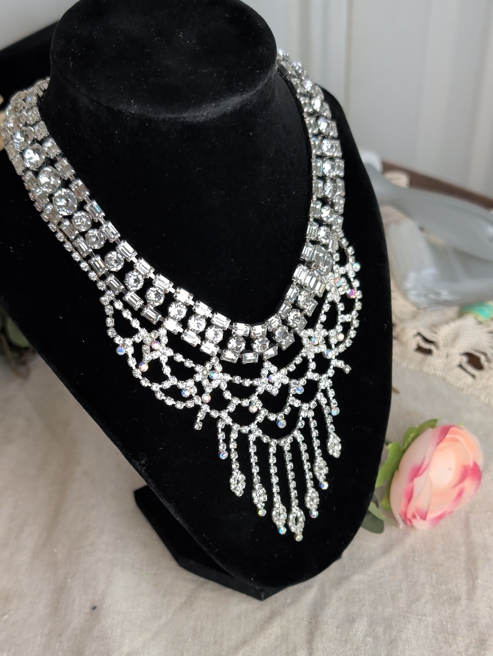 Vintage Rhinestone Necklace Set Old Hollywood Glam Bridal Statement Jewelry